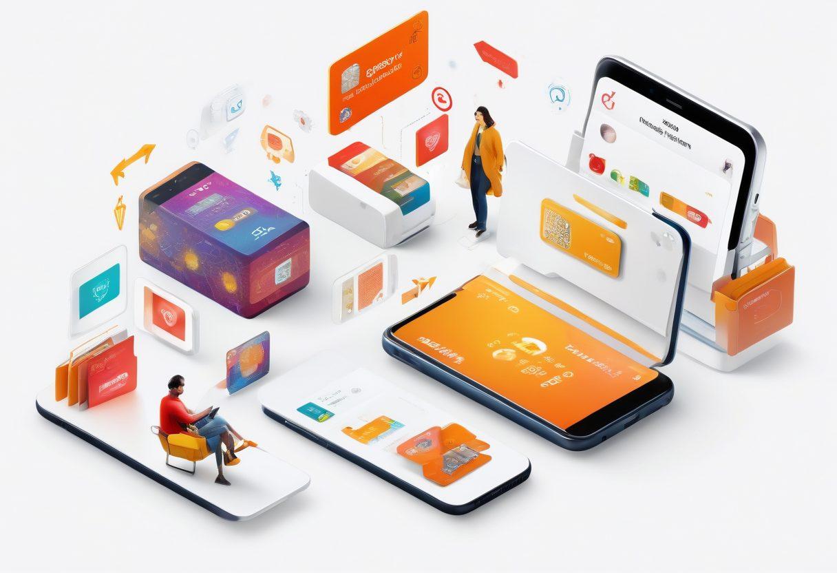 A visually striking illustration showcasing a digital wallet overflowing with loyalty program cards, highlighted by vibrant symbols of automatic payments like gears and arrows, creating a sense of effortless flow. In the background, people happily shopping with their smartphones, symbolizing convenience and ease. Bright colors and modern design elements to convey a sense of innovation and simplicity. super-realistic. vibrant colors. white background.