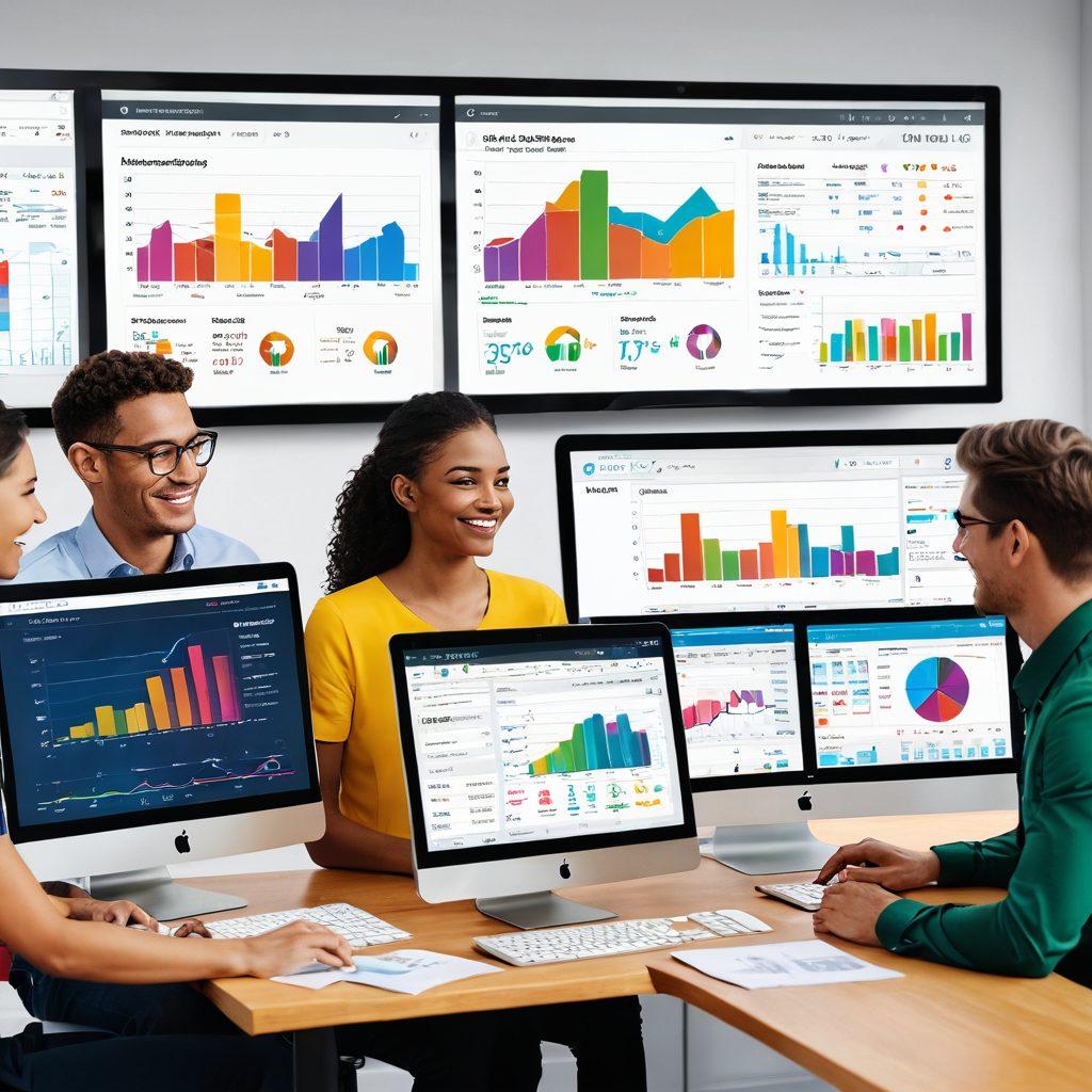 A modern digital workspace featuring a sleek computer screen displaying a dashboard of automated payment settings. In the background, a diverse group of people looking relieved and happy while reviewing their finances effortlessly. Bright, vibrant colors depicting graphs and charts illustrating financial growth and membership management. Include elements like a calendar and payment reminder notifications floating around. super-realistic. vibrant colors.
