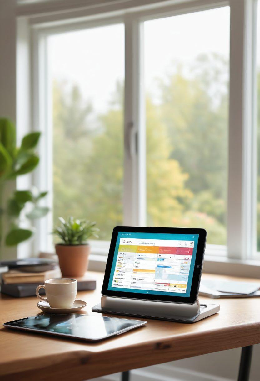 A serene home office scene showcasing a digital tablet displaying a colorful dashboard of automatic payments, seamlessly managing various subscriptions like streaming services, food deliveries, and online memberships. In the background, a cozy living room with a cup of coffee on a stylish desk, conveying ease and comfort in financial management. Bright daylight filtering through the window, symbolizing clarity and efficiency. modern flat design. vibrant colors. soft focus.